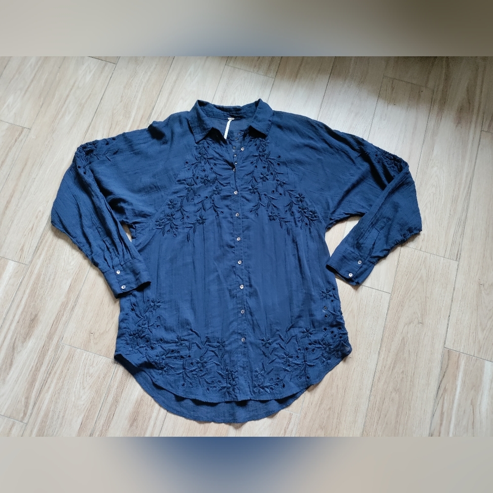 Free People Embroidered  Button Front Shirt Navy S Oversized